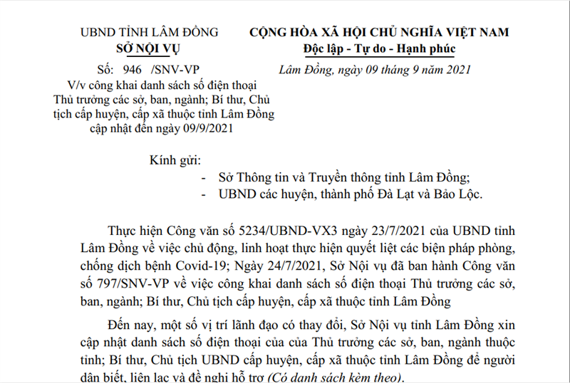 Công văn số 946/SNV-VP ngày 09/9/2021 của Sở Nội vụ tỉnh Lâm Đồng