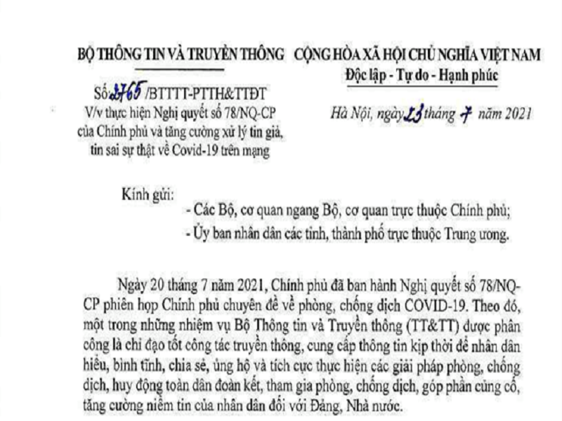 Công văn số 2765/BTTTT-PTTH&TTĐT ngày 23/07/2021 của Bộ Thông tin Truyền thông (Ảnh: IT)