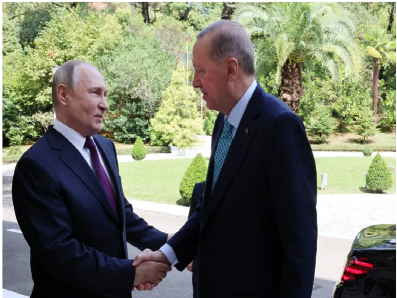 Tổng thống Nga Vladimir Putin (trái) gặp Tổng thống Thổ Nhĩ Kỳ Recep Tayyip Erdogan, ngày 4/9/2023, tại Sochi, Nga. (Ảnh: Reuters)