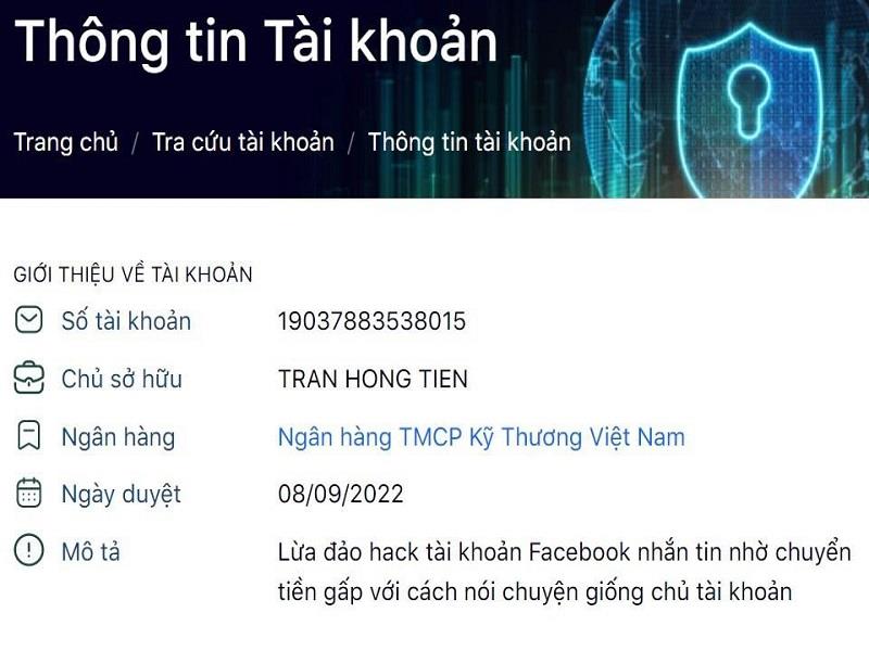 Các thông tin được cung cấp trong trường hợp tài khoản tra cứu được xác định là lừa đảo. ​​​​​​(Ảnh chụp màn hình)