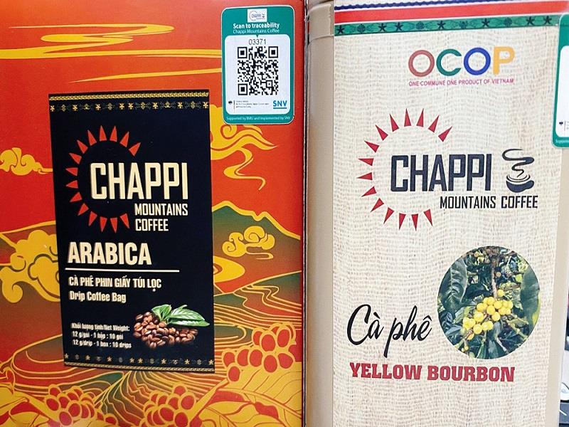Các sản phẩm cà phê OCOP 4 sao thương hiệu Chappi Mountains của buôn làng xã Đạ Chais, huyện Lạc Dương phân phối tại siêu thị GO! Đà Lạt