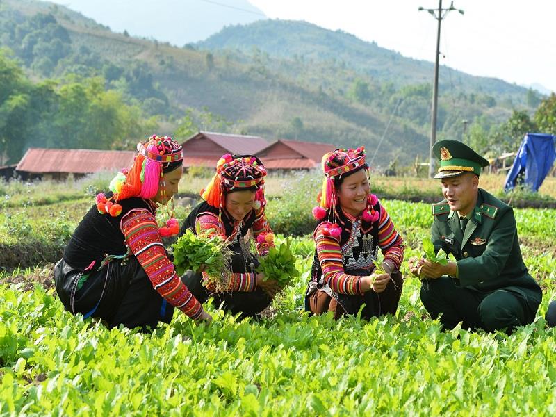 Cán bộ, chiến sĩ Đồn Biên phòng A Pa Chải (tỉnh Điện Biên) giúp đồng bào phát triển kinh tế, xóa đói, giảm nghèo, góp phần xây dựng nông thôn mới, củng cố mối quan hệ đoàn kết, gắn bó quân dân_Ảnh: TTXVN