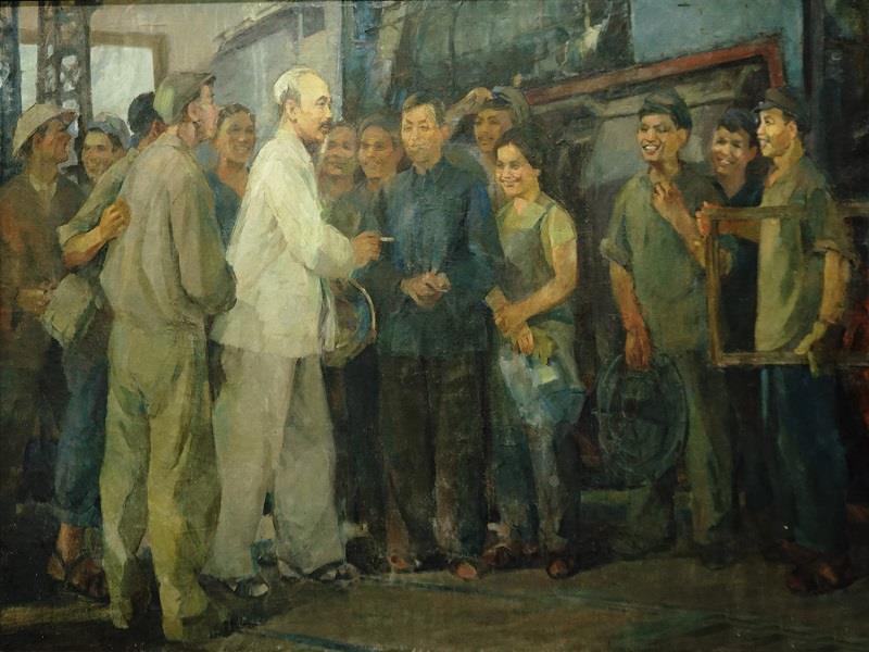 Bác Hồ với công nhân xe lửa Gia Lâm _Tranh: Tư liệu