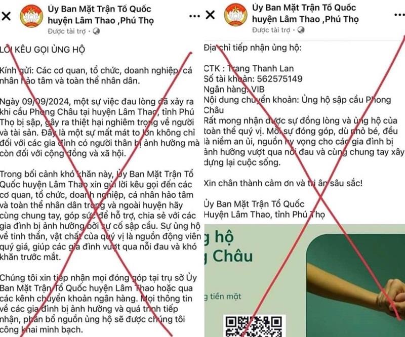 Trang Fanpage giả mạo Ủy ban MTTQ huyện Lâm Thao kêu gọi ủng hộ cho các gia đình bị ảnh hưởng bởi sự cố sập cầu Phong Châu. Ảnh: TL