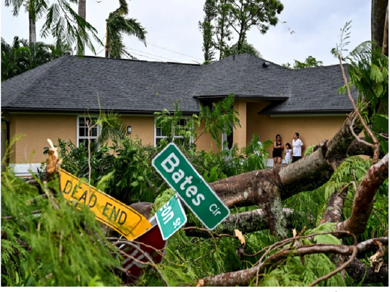 Cây cối đổ ở khu vực Fort Myers của bang Florida sau khi bão Milton đi qua ngày 10/10/2024. (Ảnh: AFP).