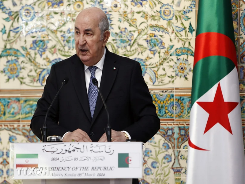 Tổng thống Algeria Abdelmadjid Tebboune phát biểu trong cuộc họp báo ở Algiers ngày 3/3/2024. (Ảnh: THX/TTXVN)