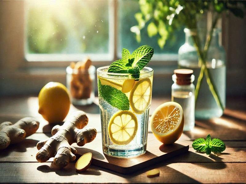 Nước chanh gừng có thể giúp hỗ trợ các chức năng của gan nhờ các thành phần giàu dinh dưỡng và duy trì sức khỏe tổng thể. Ảnh: AI