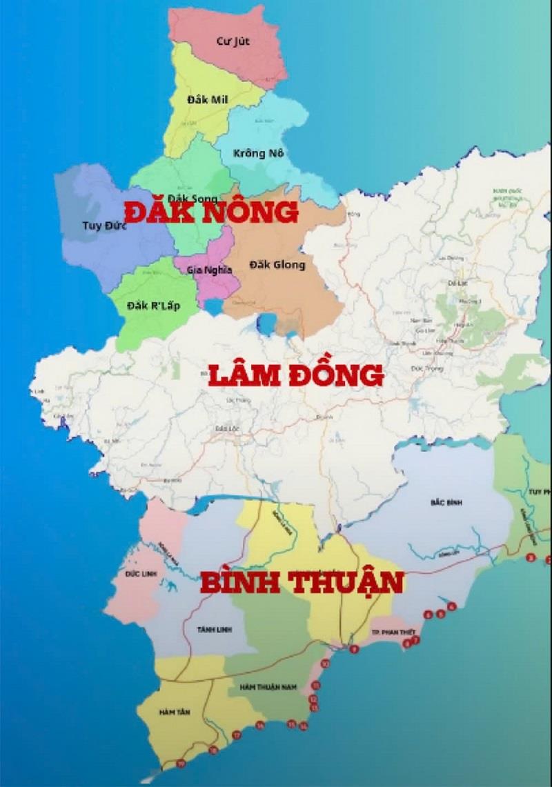 Theo phương án sắp xếp, sẽ thành lập 1 đơn vị hành chính cấp tỉnh trên cơ sở sáp nhập toàn bộ diện tích tự nhiên, quy mô dân số của 3 tỉnh Lâm Đồng, Đắk Nông, Bình Thuận thành 1 tỉnh mới với tên gọi tỉnh Lâm Đồng, có Trung tâm Hành chính - Chính trị đặt tại TP Đà Lạt, tỉnh Lâm Đồng hiện nay