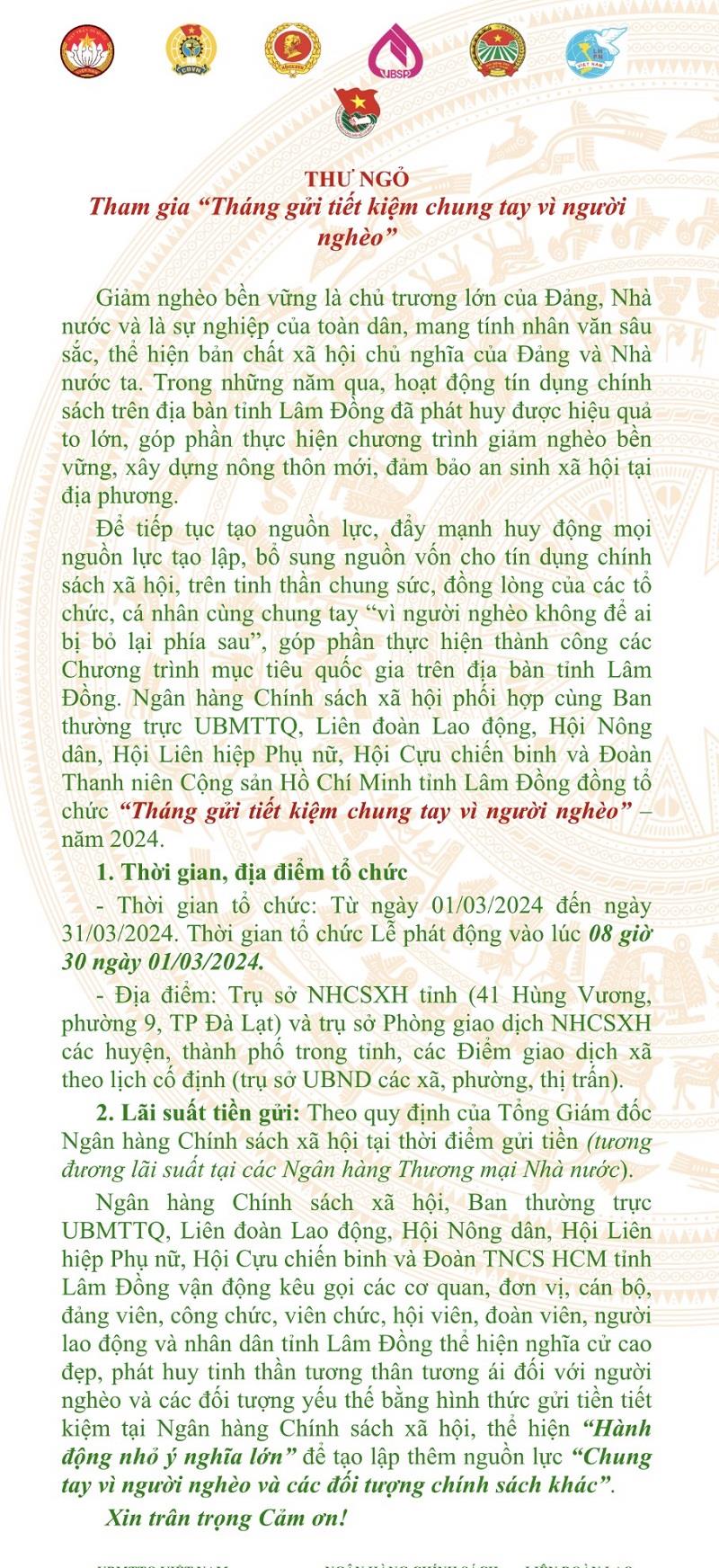 Thư ngỏ kêu gọi hưởng ứng tham gia “Tháng gửi tiết kiệm chung tay vì người nghèo”