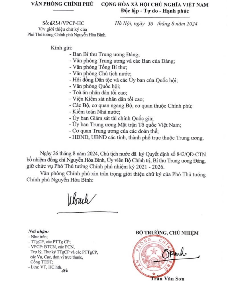 Văn bản giới thiệu chữ ký của Phó Thủ tướng Chính phủ Nguyễn Hòa Bình