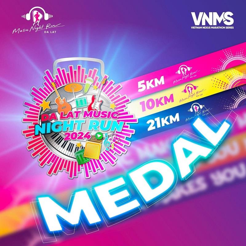 Pano quảng bá Chương trình Dalat Music Run 2024, với tấm huy chương các nhạc cụ quen thuộc nhưng thổi bùng niềm đam mê âm nhạc và tinh thần thể thao