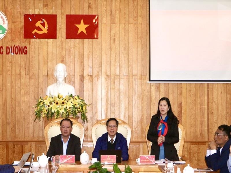 Bí thư Huyện ủy Lạc Dương Trần Thị Chúc Quỳnh trao đổi tại buổi làm việc