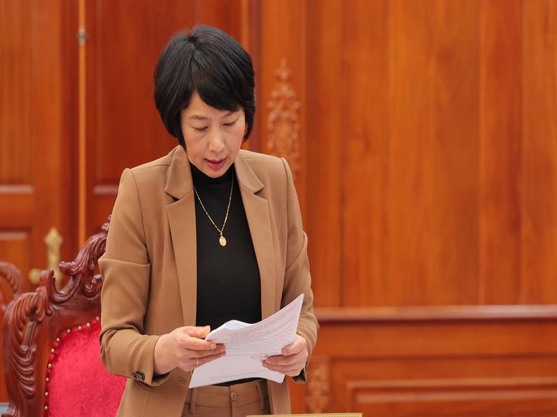 Đồng chí Phạm Thị Phúc - Phó Bí thư Thường trực Tỉnh uỷ, Chủ tịch HĐND tỉnh trình bày dự thảo phương án hai đề án