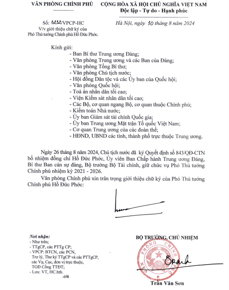 Văn bản giới thiệu chữ ký của Phó Thủ tướng Chính phủ Hồ Đức Phớc