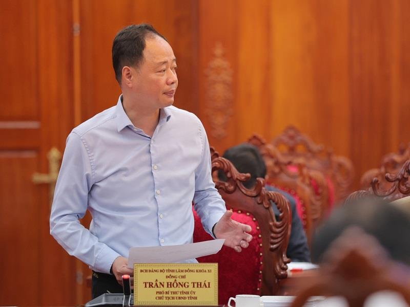 Đồng chí Trần Hồng Thái - Phó Bí thư Tỉnh uỷ, Chủ tịch UBND tỉnh báo cáo tại Hội nghị