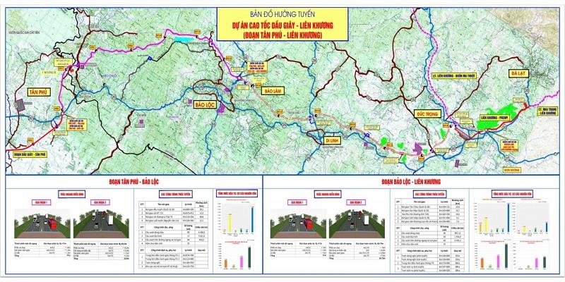 Bản đồ hướng tuyến 2 dự án cao tốc từ Tân Phú đến Liên Khương
