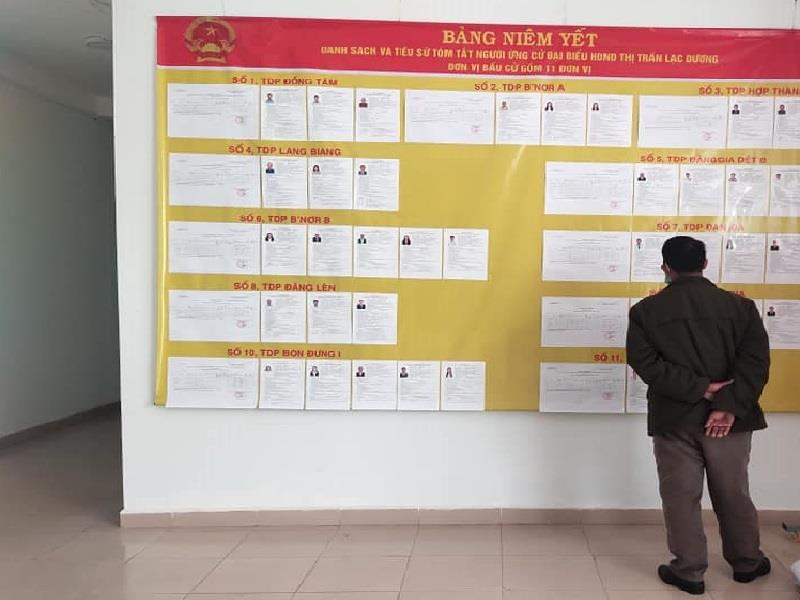 Người dân xem danh sách cử tri niêm yết tại trụ sở UBND thị trấn Lạc Dương