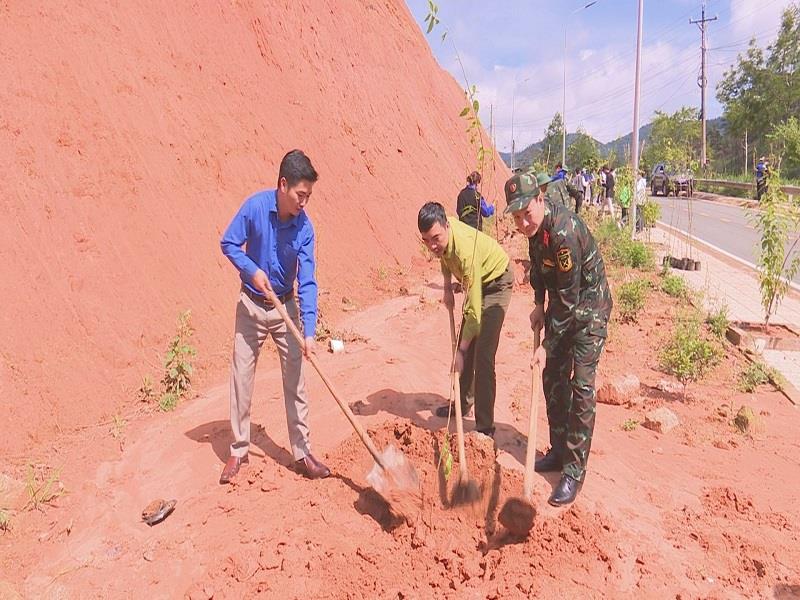 Tham gia trồng cây xanh trên một số tuyến đường của xã