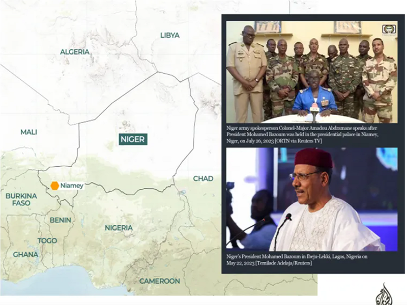 Quân đội Niger lên sóng truyền hình (ảnh trên) tuyên bố phế truất Tổng thống Mohamed Bazoum (ảnh dưới) để lên nắm chính quyền. (Ảnh: Al Jazeera)