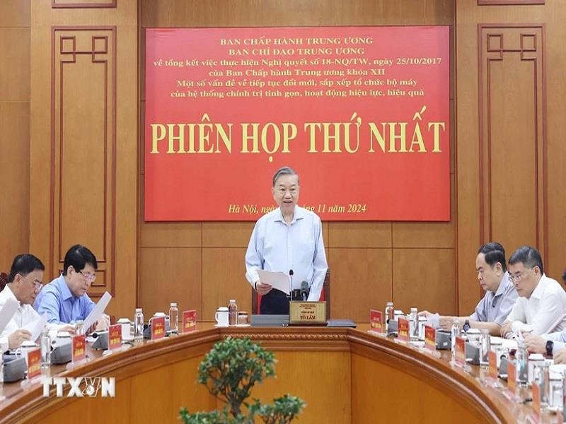 Tổng Bí thư Tô Lâm, Trưởng Ban Chỉ đạo Trung ương về tổng kết thực hiện Nghị quyết số 18 - NQ/TW chủ trì Phiên họp thứ nhất của Ban Chỉ đạo. Ảnh: Thống Nhất - TTXVN