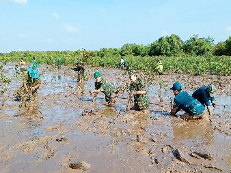 Nhân kỷ niệm 133 năm Ngày sinh Chủ tịch Hồ Chí Minh, ngày 19-5-2023, Đồn Biên phòng Vĩnh Hải phối hợp với nhân dân trồng 1.000 cây mắm tại khu vực ven biển thuộc ấp Trà Sết, xã Vĩnh Hải, thị xã Vĩnh Châu, tỉnh Sóc Trăng để bảo vệ môi trường _Ảnh: TTXVN