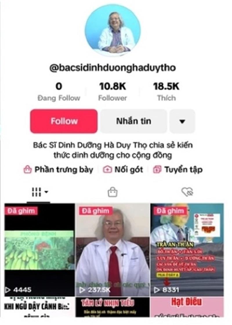 Một tài khoản đăng tải các clip có hình ảnh người tự nhận là Bác sĩ Hà Duy Thọ. (Ảnh chụp màn hình).
