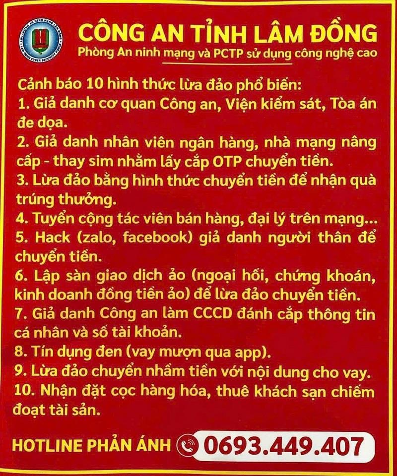 Công an tỉnh Lâm Đồng cảnh báo các hình thức lừa đảo phổ biến