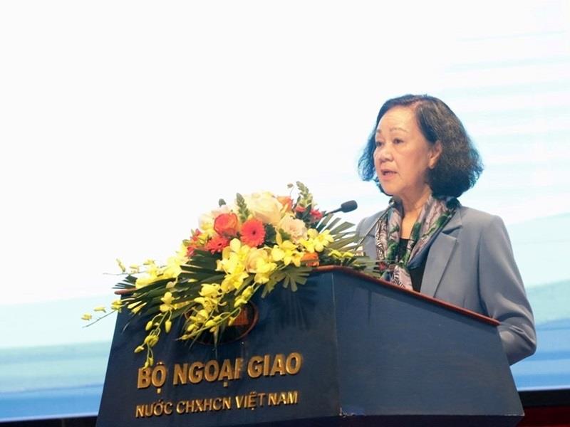 Đồng chí Trương Thị Mai, Ủy viên Bộ Chính trị, Thường trực Ban Bí thư, Trưởng ban Tổ chức Trung ương phát biểu tại buổi Lễ. Ảnh: VH.