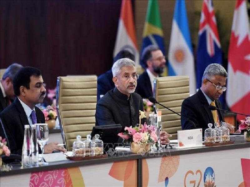 Ngoại trưởng Ấn Độ S Jaishankar (giữa) phát biểu tại Hội nghị Bộ trưởng Ngoại giao G20 ở New Delhi ngày 2/3/2023. Ảnh: AFP/TTXVN