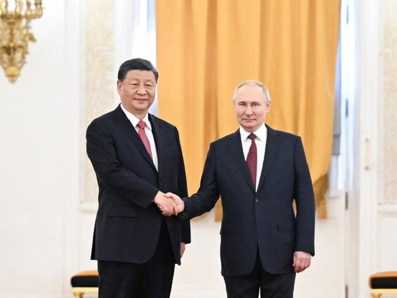 Chủ tịch Trung Quốc Tập Cận Bình và Tổng thống Nga Vladimir Putin tại Điện Kremlin ở Moscow, Nga, ngày 21/3/2023. (Ảnh: Xinhua)