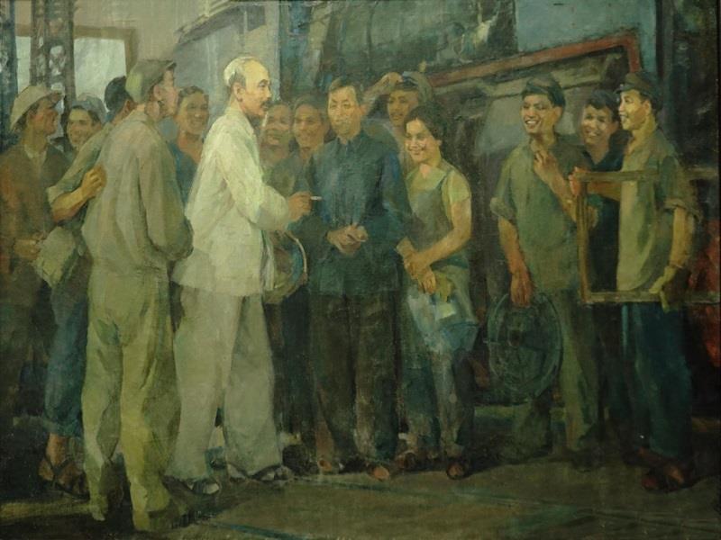 Bác Hồ với công nhân xe lửa Gia Lâm_Tranh: Tư liệu