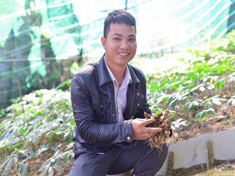 Chàng trai Trần Cao Nguyên bên những củ sâm Ngọc Linh được trồng trong vườn của mình
