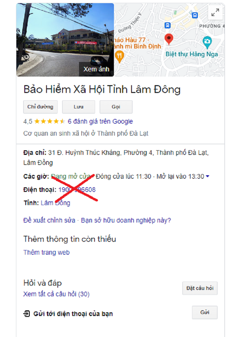 Thông tin về số điện thoại của BHXH tỉnh Lâm Đồng bị kẻ xấu chỉnh sửa
