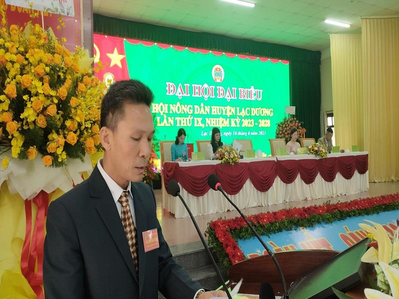 Đồng chí Nguyễn Hồng Thủy - Chủ tịch Hội nông dân huyện khóa VIII báo cáo trước Đại hội