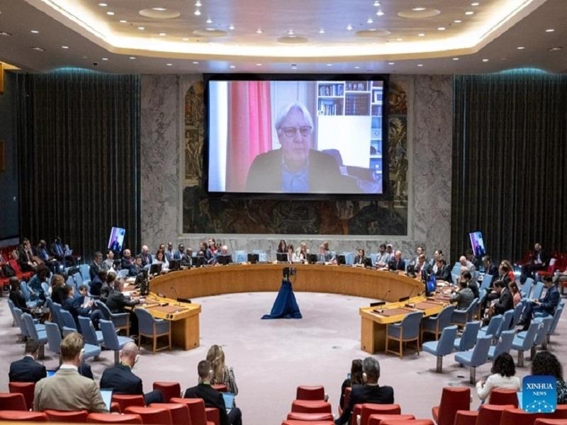 Phó Tổng Thư ký Liên hợp quốc phụ trách các vấn đề nhân đạo và cứu trợ khẩn cấp Martin Griffiths phát biểu trực tuyến trong phiên họp của Hội đồng Bảo an Liên hợp quốc, ngày 15/5/2023. (Ảnh: Xinhua)