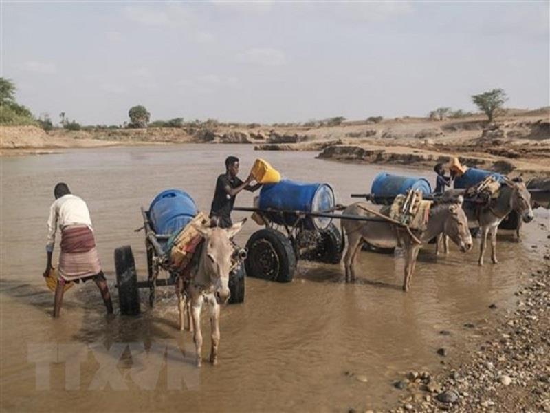 Người dân múc nước sông để sinh hoạt tại Gode, Ethiopia, ngày 8/4/2022. (Ảnh: AFP/TTXVN)
